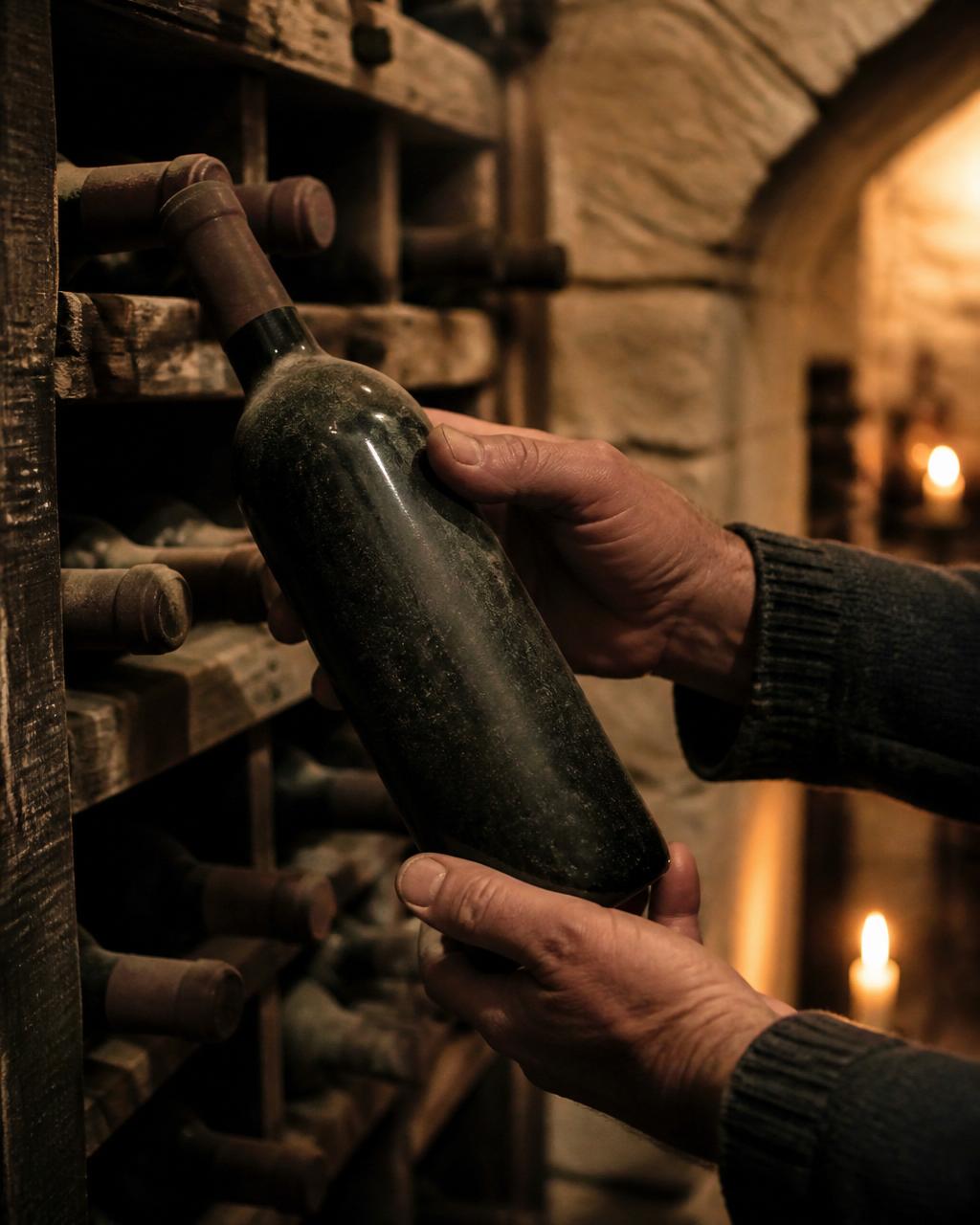 Handen die een fles uit een oude wijnkelder pakken